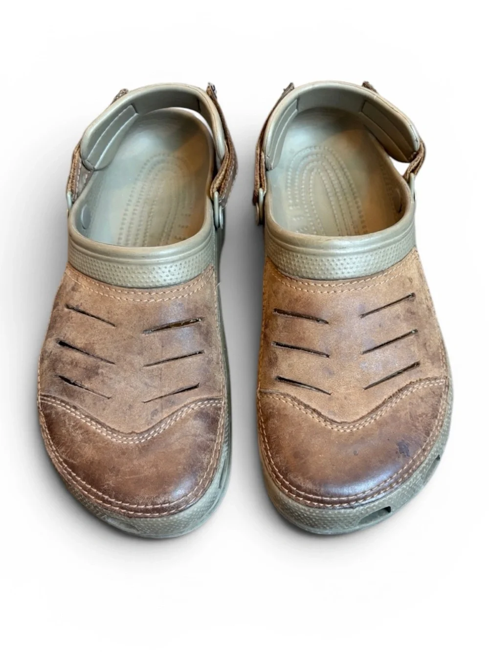 Crocs Yukon Vista Clogs Mens 11 Brown Leather Upper Slip On Back Strap Cushioned